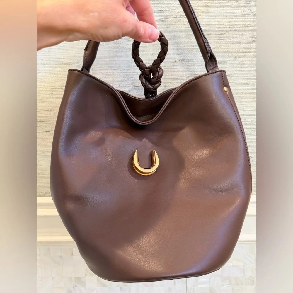 New Anthropologie aota twist tie top handle bucket bag crossbody brown gold